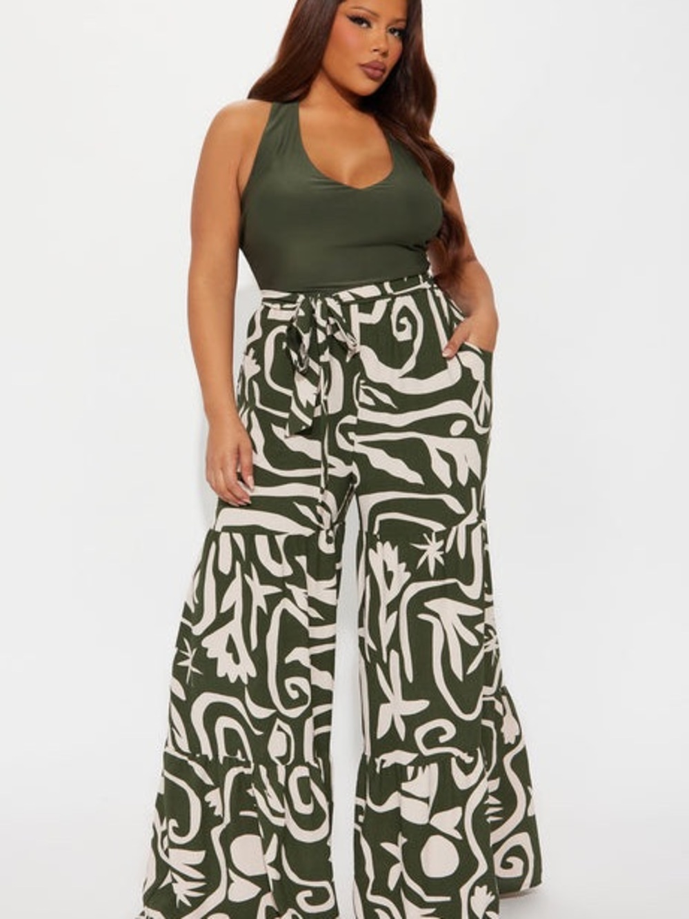 Fashion Nova Olive Green & Cream Printed Wide Leg Pants